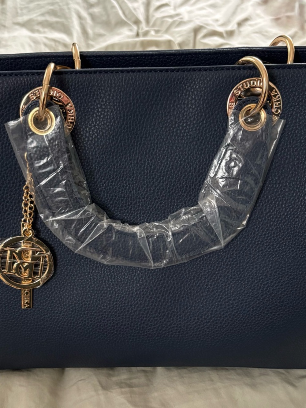 Studio Badgley Mischka Navy Textured Leather Tote with Eyelet Detail